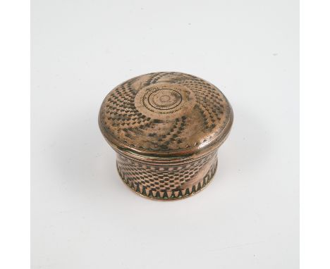 A 19th century continental copper and gilt decorated patch box, with gilt interior and basket weave pattern to the outside
