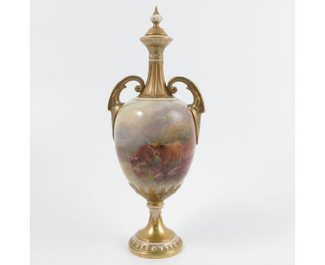 A Royal Worcester covered pedestal vase, decorated with Highland cattle in landscape to the front and a small reserve to the 