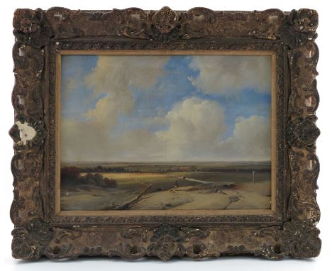 A 19th century continental style, oil on panel, landscape with figures, river, cattle and buildings, 11.75ins x 16ins