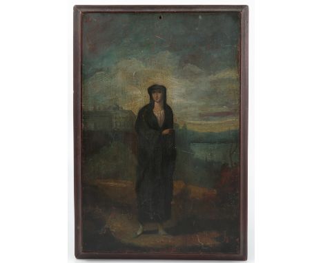 An 18th Century style Turkish school, oil on panel, portrait a lady in a hooded robe, 12.25ins x 8ins   Condition report:  Ve