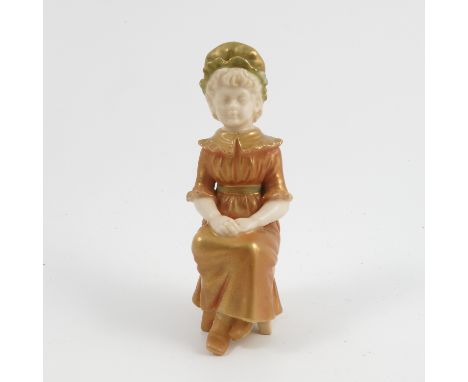 A Royal Worcester shot silk figure, of a girl in Victorian dress seated on a stool with her legs crossed, model number 888, d