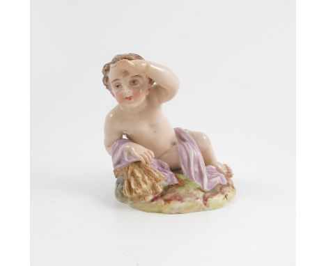 A 19th century Royal Worcester figure, of a seated putti with cloth draped over him, leaning on a corn stoop, impressed mark,
