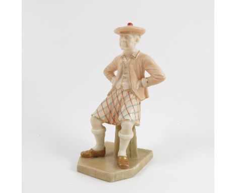 A Royal Worcester blush ivory figure, from the Countries of the World series, Scotland, seated man wearing a kilt, height 6in