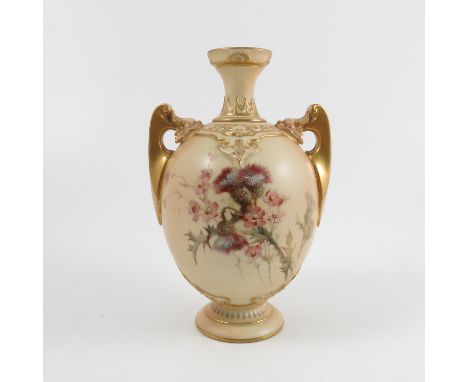 A Royal Worcester blush ivory vase, decorated with thistles and flowers, shape number 1684, dated 1894, height 6.75ins   Cond