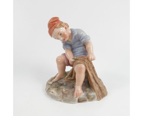A 19th century Royal Worcester figure, of a seated fisherman with a net over his knee, on rocky base, impressed mark, height 