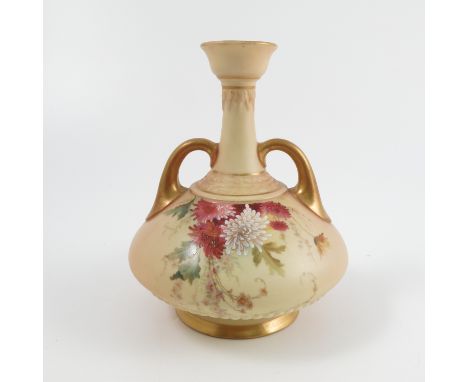 A Royal Worcester blush ivory two handled vase, decorated with flowers, with moulded bands, shape number 1747, dated 1901, he