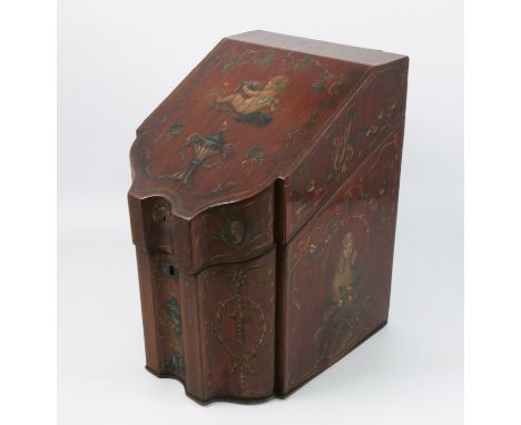 A 19th century Sheraton painted mahogany knife box, with sloping lid and shaped front, the whole painted with urns, cherub, m