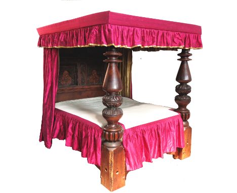 An antique four poster or full tester bed, in Elizabethan style, with recessed rectangular and arched marquetry panels to the