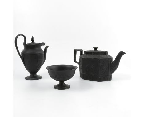 A 19th century Wedgwood black basalt coffee pot, with ribbed decoration, height 8ins, together with a Wedgwood black basalt p