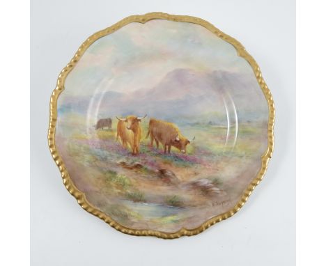 A Royal Worcester cabinet plate, decorated with Highland cattle in landscape by E Townsend, with shaped gilt edge, diameter 9