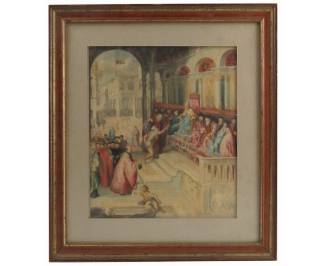 A Classical watercolour, gathering of figures, 10.5ins x 9.75ins together with a pastel portrait of a woman, 17ins x 14ins