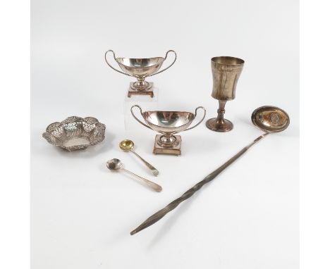 A hallmarked silver pierced dish, together with a hallmarked silver goblet, engraved Nicola, a silver toddy ladle and a pair 