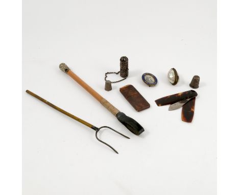 A collection of items, to include a filigree scent bottle case, containing a blue glass scent bottle, height 1.75ins, a shell