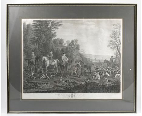 Eight 18th century black and white engravings, engraved by Boydell, to include a hunting scene, portraits, interior scenes, 1