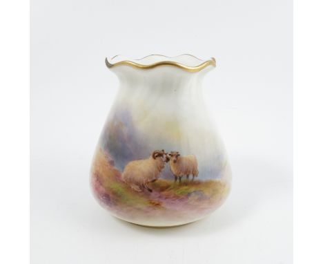 A Royal Worcester vase, decorated to the front with two sheep in landscape and a small reserve to the back by H Davis, shape 