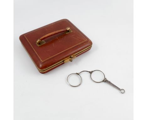 A lady's leather expandable case of square form, with gilt metal mounts width 7.25ins, together with a pair of cased lady's w