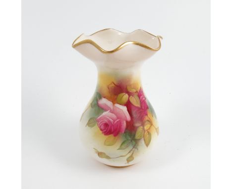 A Royal Worcester vase, with shaped rim, decorated with roses by M Hunt, shape number 2492, dated 1934, height 4.25ins   Cond