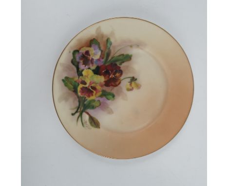 A Royal Worcester blush ivory dish, decorated with Pansies by H Austin, dated 1918, diameter 4.5ins   Condition report:  Mino