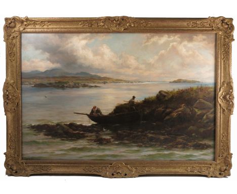 T R Miles, oil on canvas, inscribed verso Clew Bay Connemara, estuary scene with figures in a row boat. 23ins x 35ins