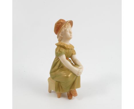 A Royal Worcester shot silk figure, of a girl in Victorian dress seated on a stool with her legs crossed, unmarked, height 4i