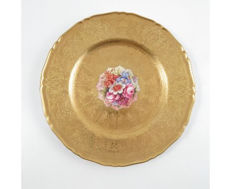 A Royal Worcester cabinet plate, with deep acid etched border, the centre decorated with flowers by Freeman, diameter 10.5ins