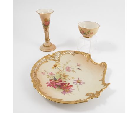 Three Royal Worcester blush ivory pieces, to include a plate with pierced edge and decorated with flowers and insects, af, a 