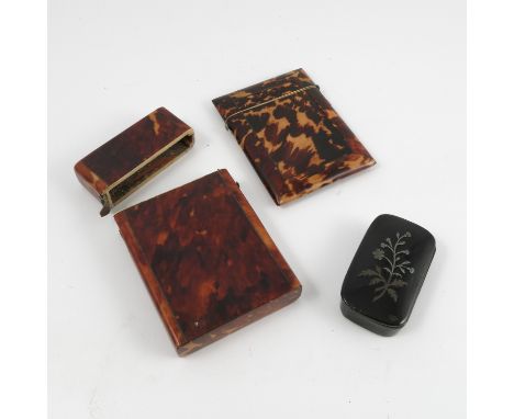 Two 19th century tortoiseshell card cases, of rectangular form, together with a 19th century papier mache snuff box, with sil