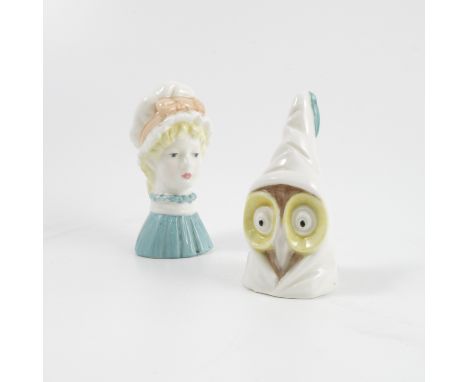 Two Royal Worcester candle snuffers, Owl and Mob Cap, both 1976   Condition report:  Small chip to base of owlMop cap good co
