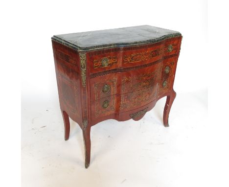 A continental commode, having a marble top and fitted with three drawers to the break bow fronted base, all with marquetry in