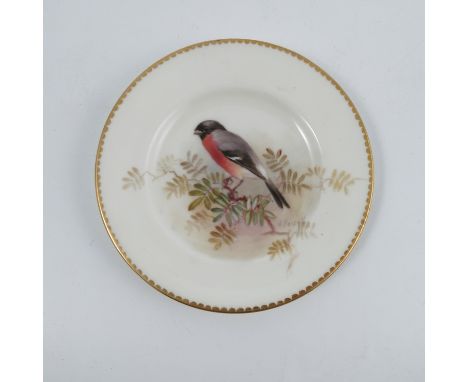 A Royal Worcester dish, decorated with a Bullfinch on a branch by W Powell, dated 1914, diameter 4.5ins   Condition report:  
