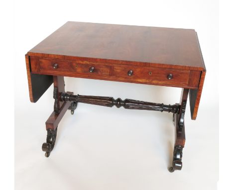 A 19th century rosewood sofa table, fitted with two drawers with dummy drawers to the reverse, 27.5ins x 59ins