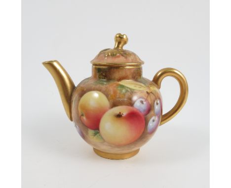 A Royal Worcester miniature teapot, decorated all around with fruit by Roberts, height 3.25ins   Condition report:  Good cond