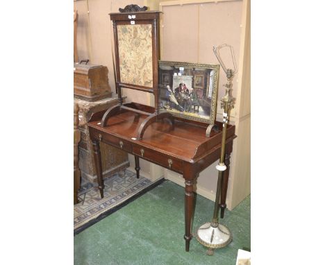 A 19th/20th century mahogany side table with two drawers; a 19th/20th century firescreen; a modern brass firescreen; a 20th c