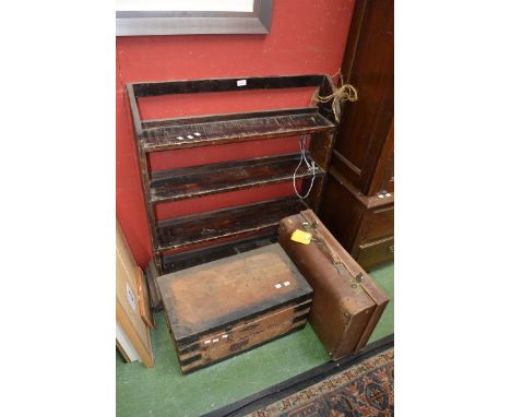 A pine tool box; a vintage leather case; an open oak four tier bookshelf