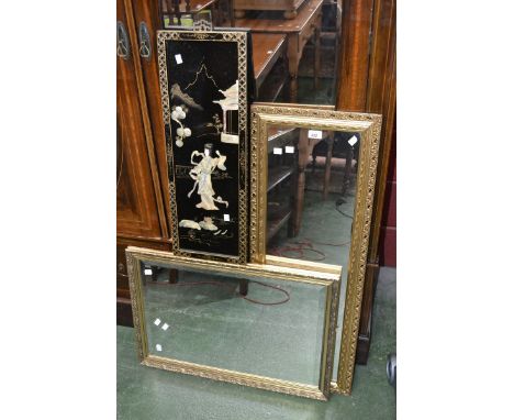 A Oriental lacquered mother of pearl panel of a Geisha; a gilt framed beveled edge wall mirror; another (3) 