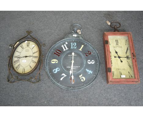 A large novelty modern metal wall clock as an over sized pocket watch; others similar (3)