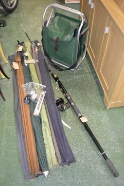  Fishing Tackle - a split cane two piece rod;  others Abbey, 12ft, Hardy's fibre glass rod, sea rods, etc;  reels, strike fea