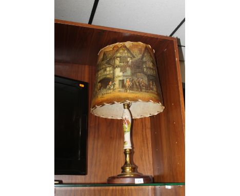 A VINTAGE BEER PULL TABLE LAMP, with hunting scene and matching shade
