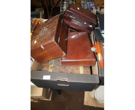 A TRAY OF VINTAGE TEA CADDIES ETC.