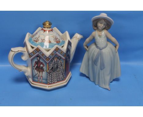 A LLADRO FIGURINE TOGETHER WITH A SADLER TEAPOT  (2)