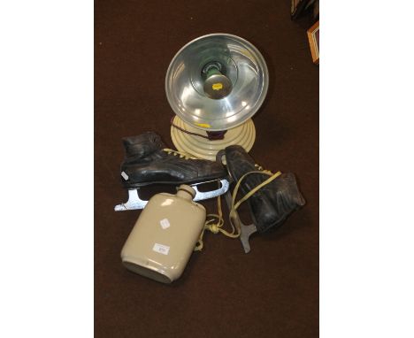 A PAIR OF VINTAGE ICE SKATES, VINTAGE LAMP ETC.