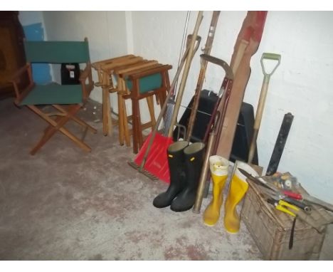 A QUANTITY OF FOLDING CHAIRS, TOOLS, FISHING BASKET ETC.