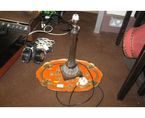 A PAPIER MACHE TRAY AND A LAMP