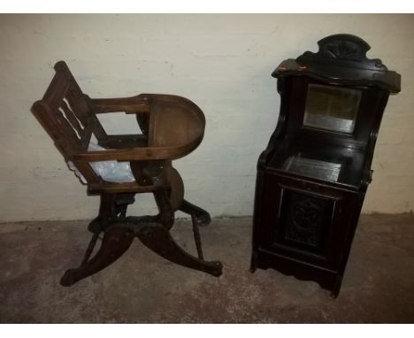 A VINTAGE HIGH CHAIR + AN OAK MIRRORED COAL BOX