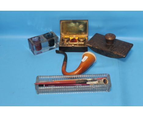 A BOX OF COLLECTABLES TO INCLUDE LEATHER INK BLOTTER, INKWELL ETC.