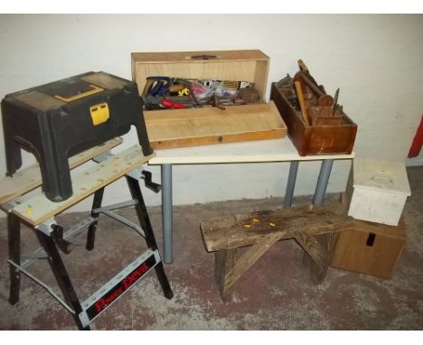 A QUANTITY OF ASSORTED TOOLS, TRESTLE ETC.