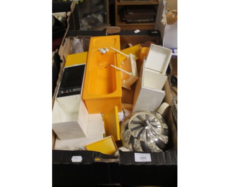 A QUANTITY OF DOLL'S FURNITURE, CERAMICS, TEAPOT ETC.