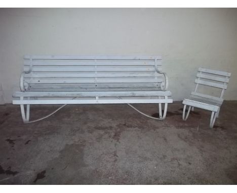 A LARGE GARDEN BENCH APPROX. 201 X 89 CM TOGETHER WITH A MATCHING CHAIR