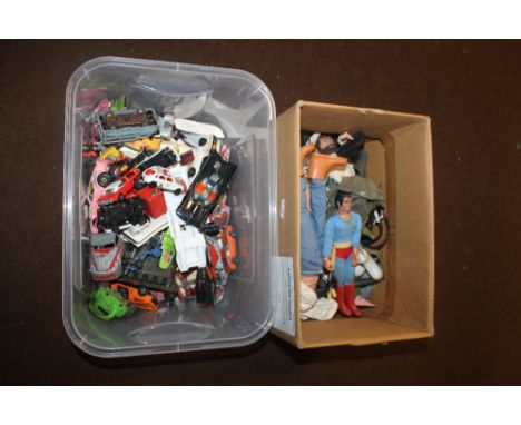 TWO BOXES OF PLAYWORN DIECAST VEHICLES AND OTHERS TOGETHER WITH ACTION MAN FIGURES ETC