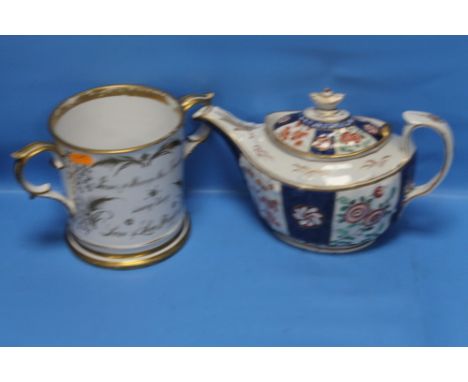 A COALPORT TYPE LOVING MUG ALONG WITH AN EARLY TEAPOT